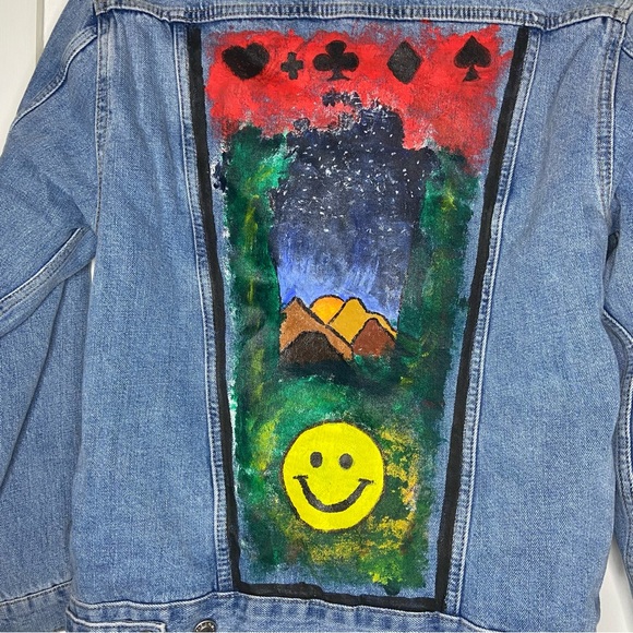Top Shop Moto Custom Painted Sherpa Denim Jacket Size 0 - Picture 8 of 12